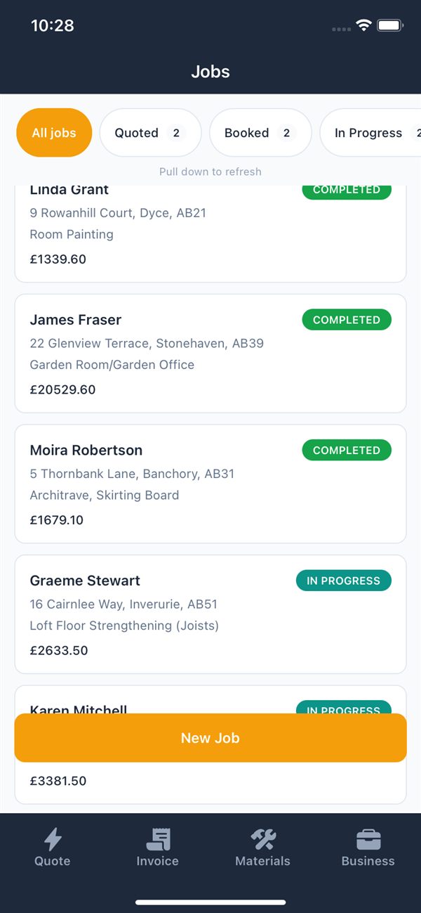TradePace jobs list with coloured status badges for quoted, booked, in progress and completed jobs