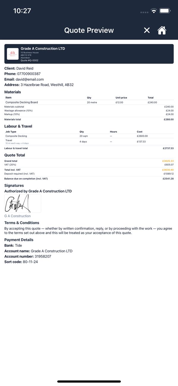 Branded PDF quote with logo, price breakdown, signature and bank details