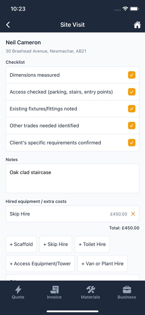 TradePace site visit screen with a ticked checklist, notes and a skip hire cost